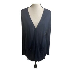 Joan Vass women’s new button front cardigan navy blue size Large. Neck style